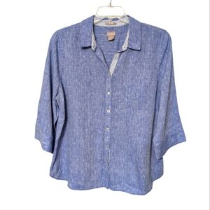 Chico's Indigo Blue Fresh Chic Linen Button-Up Casual Blouse Top Size XL 16/18